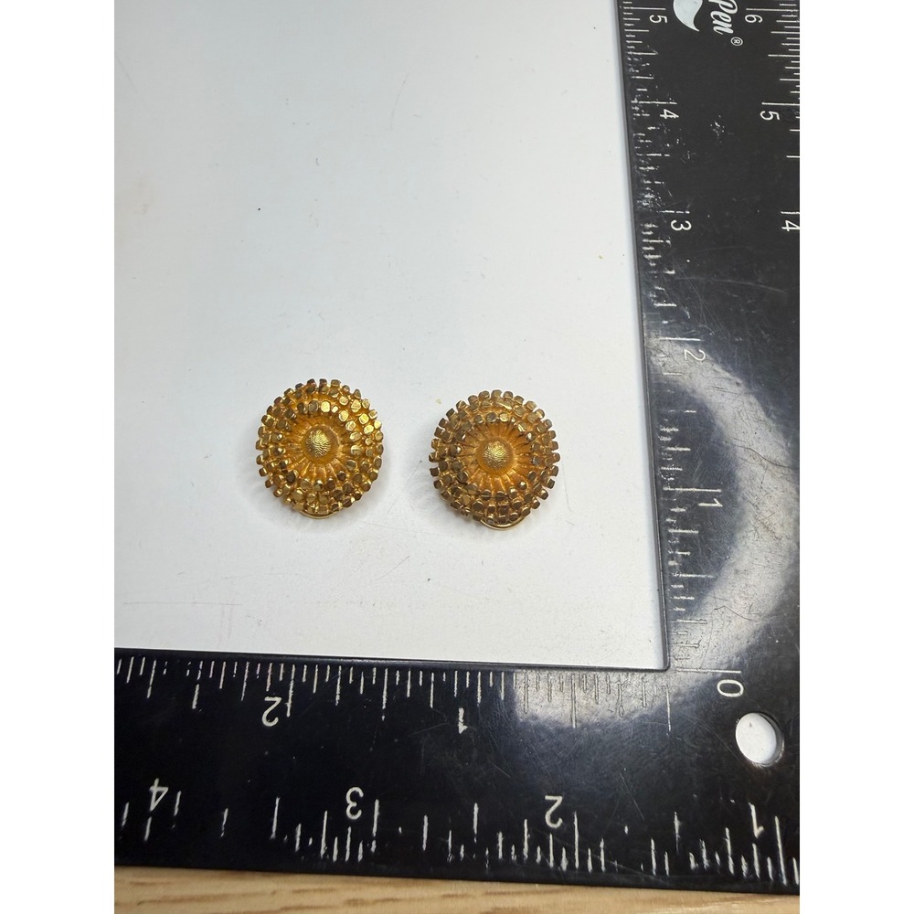 BSK Gold Tone Sunburst Floral Clip On Earrings Textured Mid Century Modern